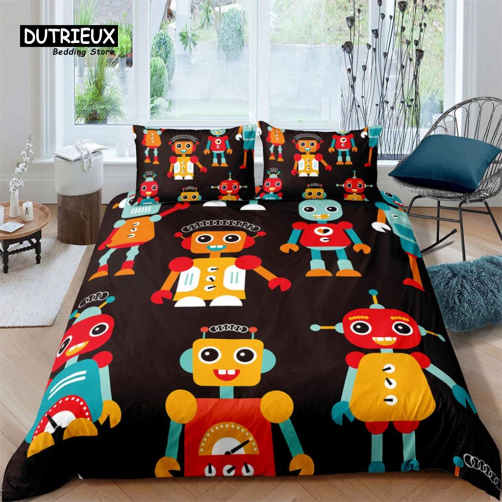 Robot Duvet Cover Set Cartoon Space Robot Bedding Set Patchwork Transformer Futuristic Machine Comforter Cover Twin Full For Boy