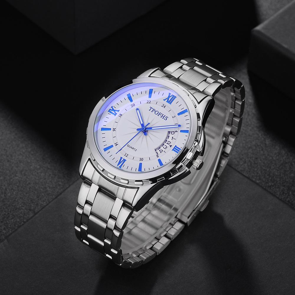 Blue Classic Light Steel Strap Mens Watch Waterproof With Calendar Function Movement Quartz