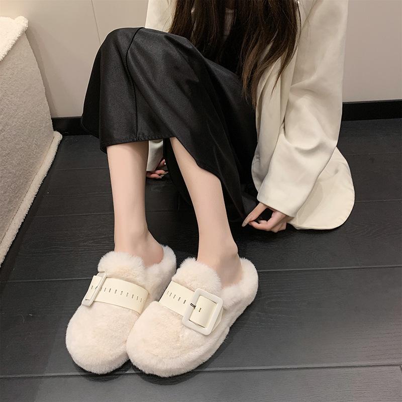 Thick-soled Fluffy Slippers for Women To Wear In Autumn and Winter 2025, New Muffin Half-slippers, High-end Cotton Slippers