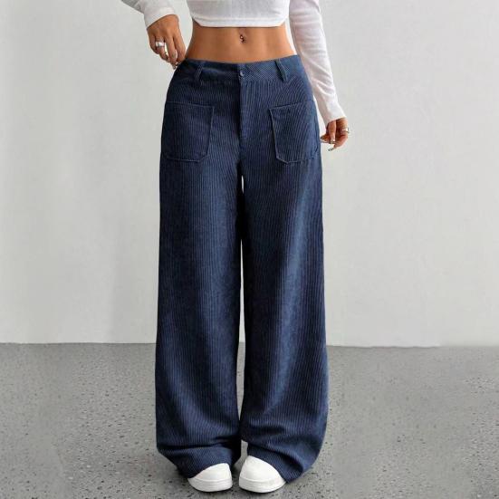 Women Pants Button Zipper Closure Straight Wide Leg Trousers with Pockets Solid Color Loose Fit Lounge Pants Daily Wear