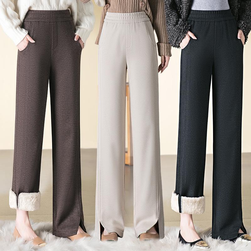 Wool Straight Narrow Wide-leg Pants Women's Fleece Thickened Winter New Thin Casual Elastic Waist Trousers