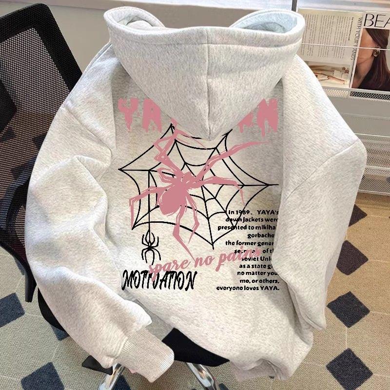 Trendy American High Street Spider Print Hooded Sweatshirt for Men & Women - Autumn/Winter Loose Fit.