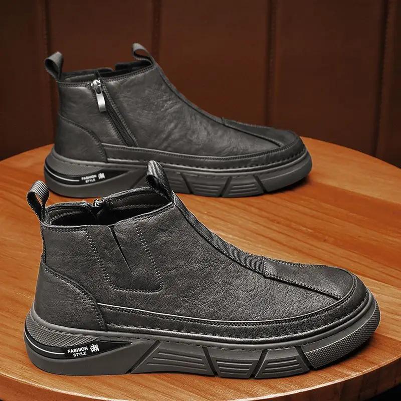 Fashion Leather Shoes for Men High Top Slip-on Quality Fashion Free Delivery Shipping Man Casual Chelsea Boots Retro Classic Original Pu