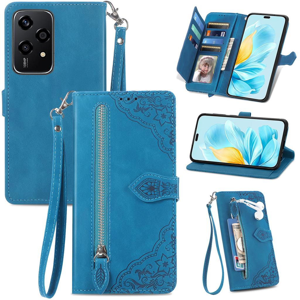 For Honor 200 Lite Zipper Wallet Case with Strap Flower Imprint PU Leather Phone Cover