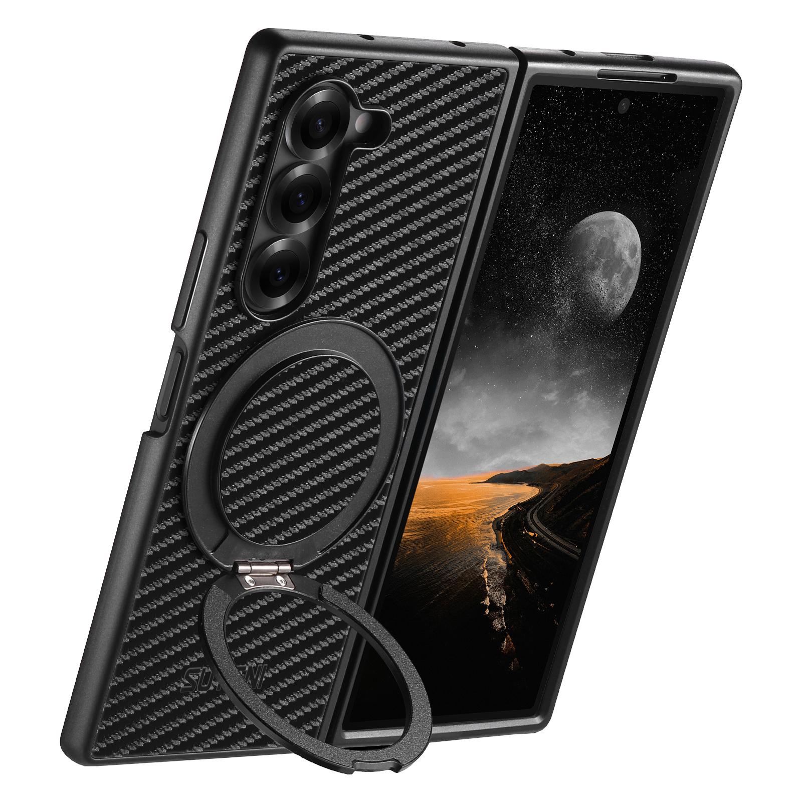 

Carbon Firber Leather Flip Phone Case for Samsung Galaxy Z Fold 7 6 5 Magnetic Charging Hardware Ring Bracket Protective Cover Galaxy Z Fold5 чорний