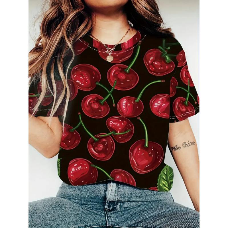 

Женская летняя футболка с круглым вырезом и короткими рукавами с ярким 3D принтом в виде клубники и вишни, повседневный топ, можно стирать, подходит для повседневной носки на улице 2XL