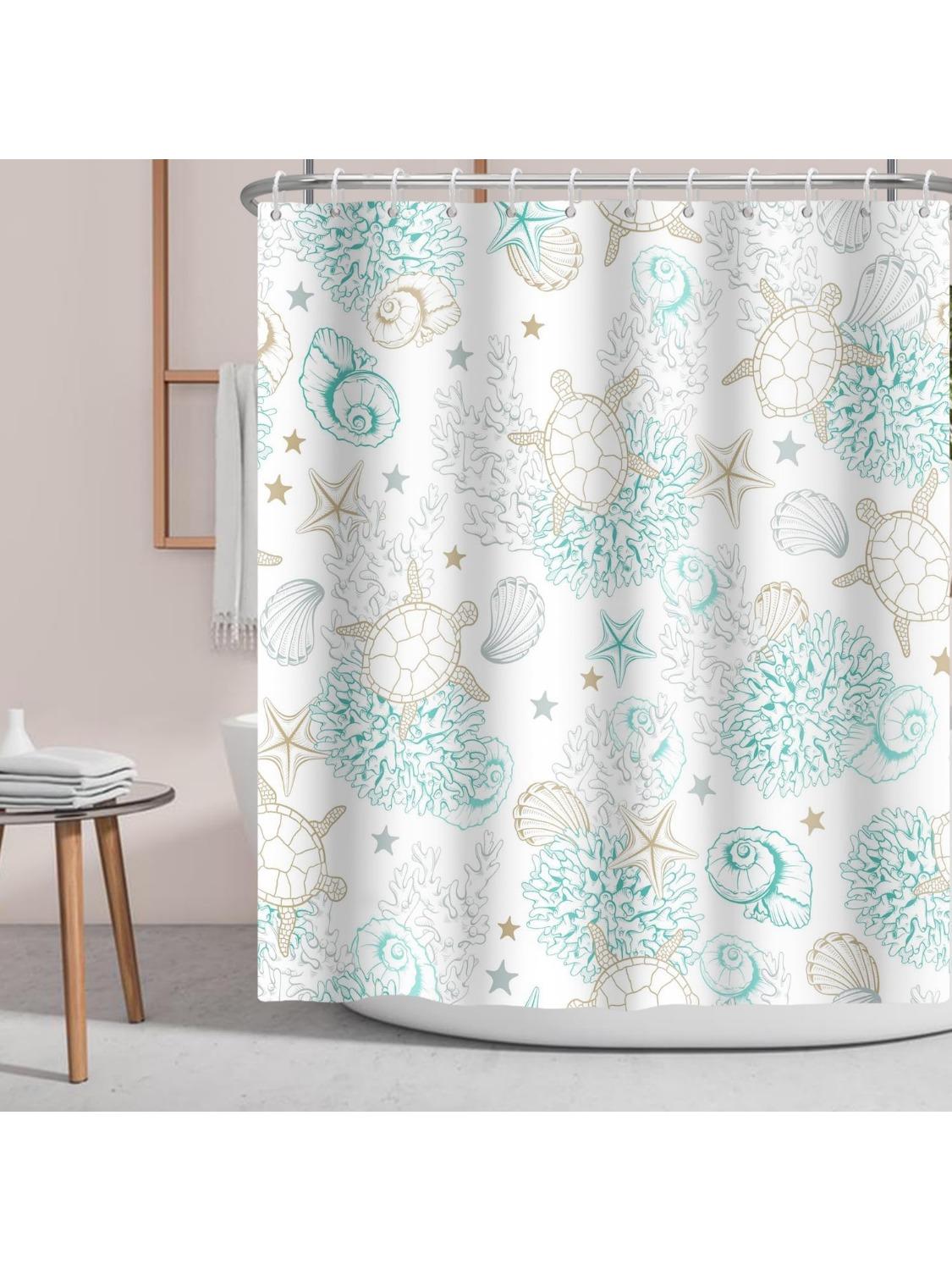 

Coastal Turtle Shower Curtain Coral Starfish Shell Conch Ocean Theme,Beach Nautical Marine Animal Underwater Fabric Shower W60H190(CM)-1 Pcs