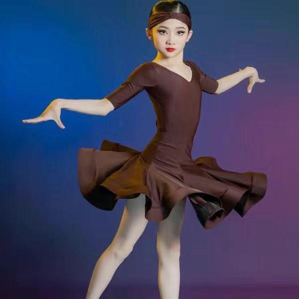 Vestiti da Ballo Professionali per Bambini Ragazze Rosa Maniche Lunghe Costume da Esibizione Danza Latina Abbigliamento da Sala da Ballo per Bambini SL14009