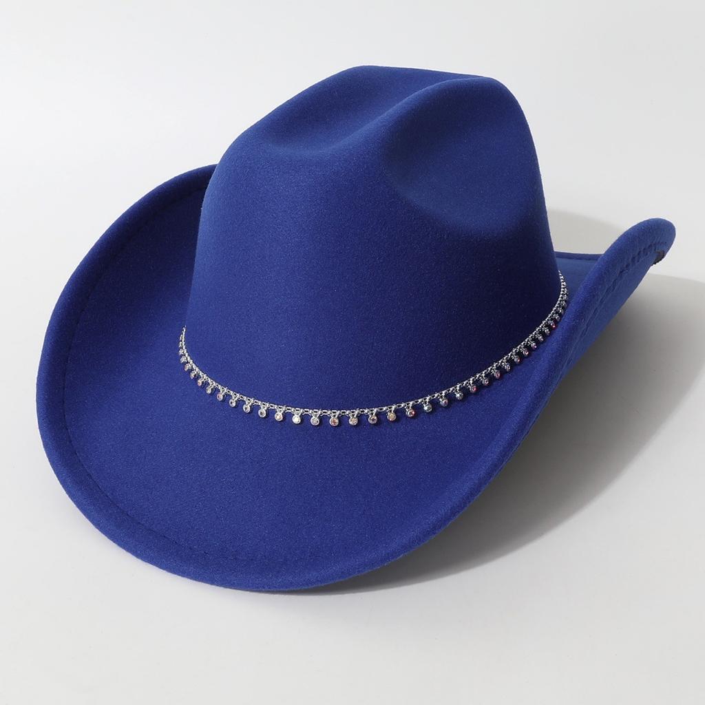 New European and American style flat-top woolen hat, western cowboy hat, unisex hat, equestrian hat with single row of rhinestones