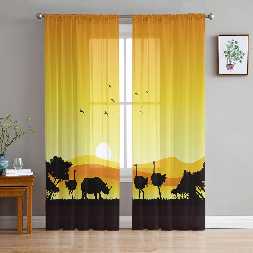 Africa Animal Giraffe Elephant Animal Silhouette Tulle Sheer Curtains Living Room Bedroom Window Curtain Voile Organza Drapes