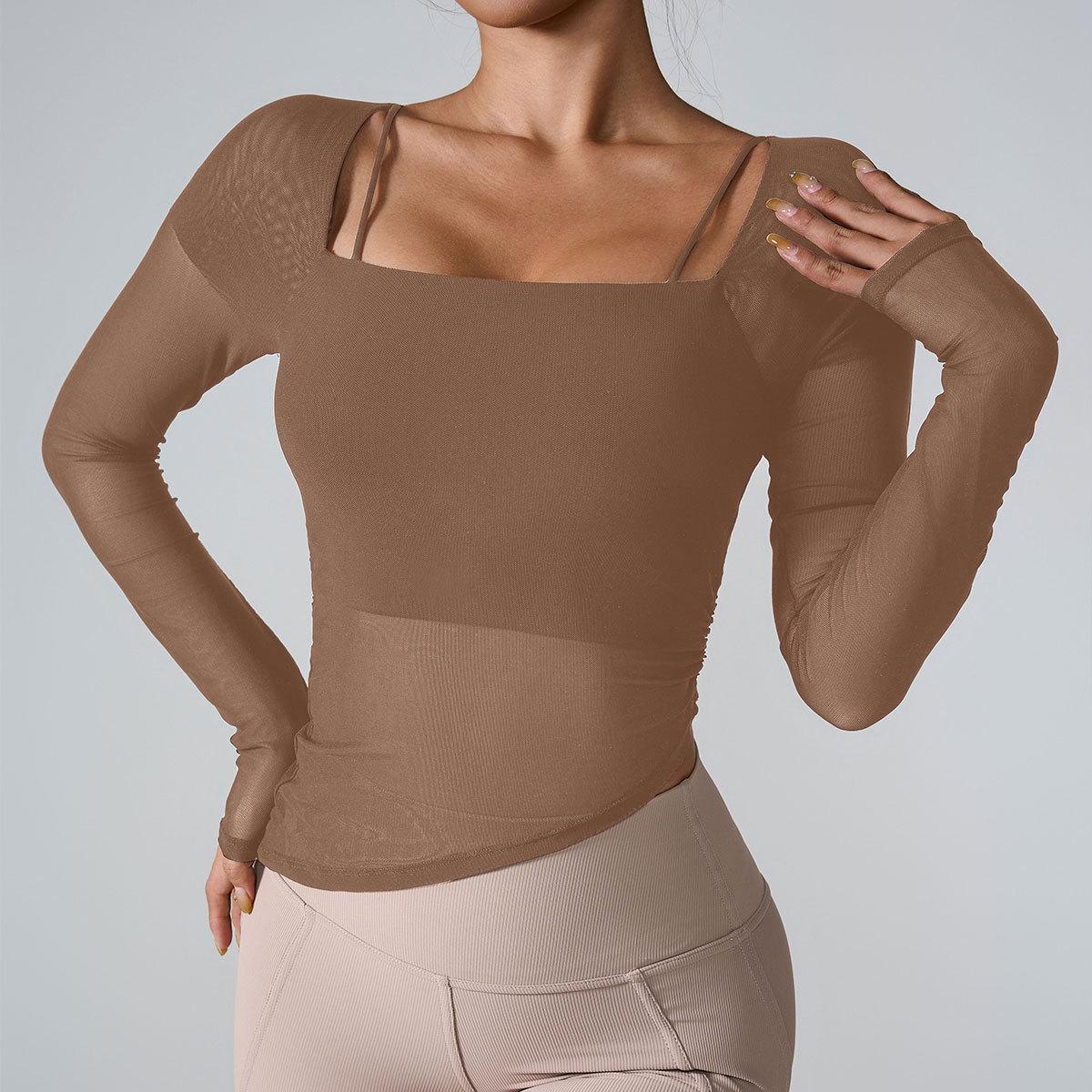 

Женский кросс-бордерный костюм для йоги с длинным рукавом из сетки Inch Shadow с фиксированной чашкой с ощущением облака Small