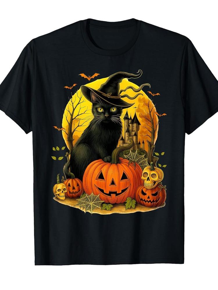 Humorous Black Cat Witch Halloween T-Shirt Whimsical Pumpkin and Haunted House Pattern T-Shirt Women's Casual Short-Sleeve
