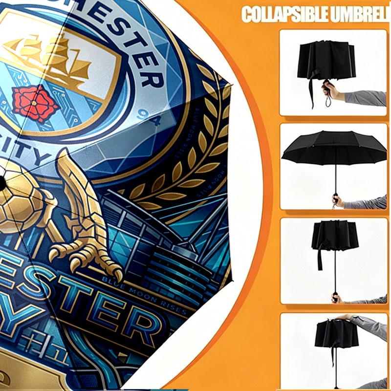 Custom Name Personalized Manchester City Print Umbrella, Auto Open Close, 8‑Rib Sturdy Frame, Commute Camping Hiking Use, Birthday Gift