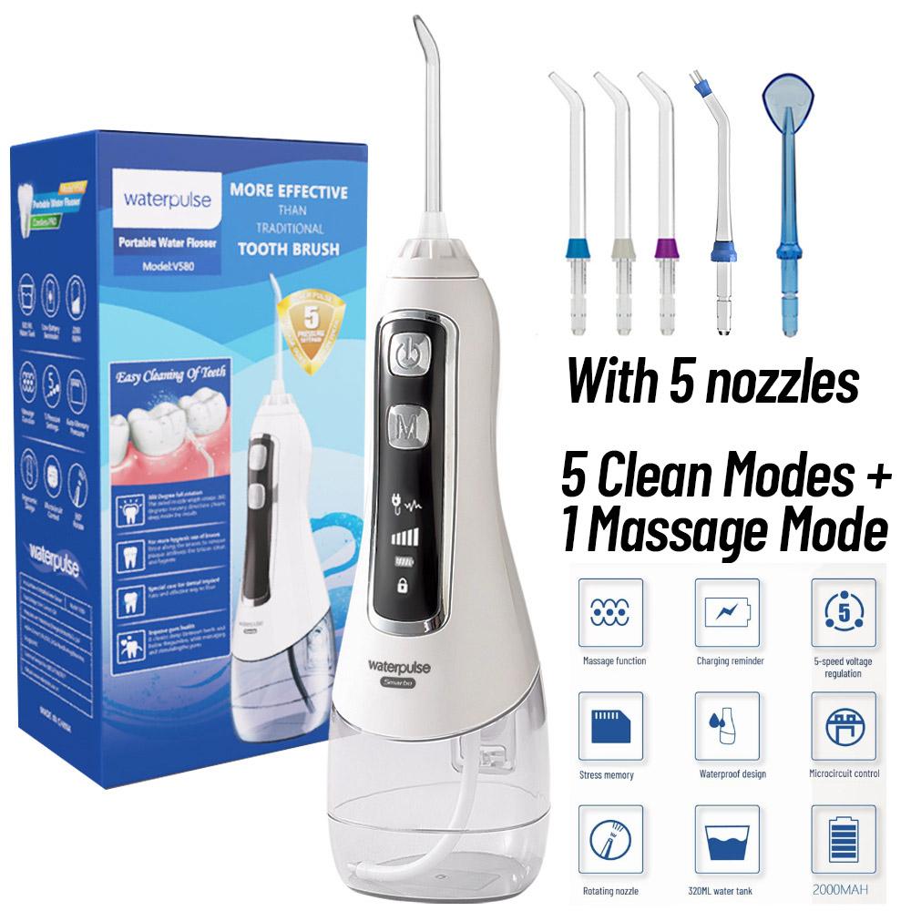 Přenosný ústní irigátor 6 režimů čistič zubů IPX7 vodotěsný zubní vodní flosser bělení zubů 320 ml zubní voda 5 trysek