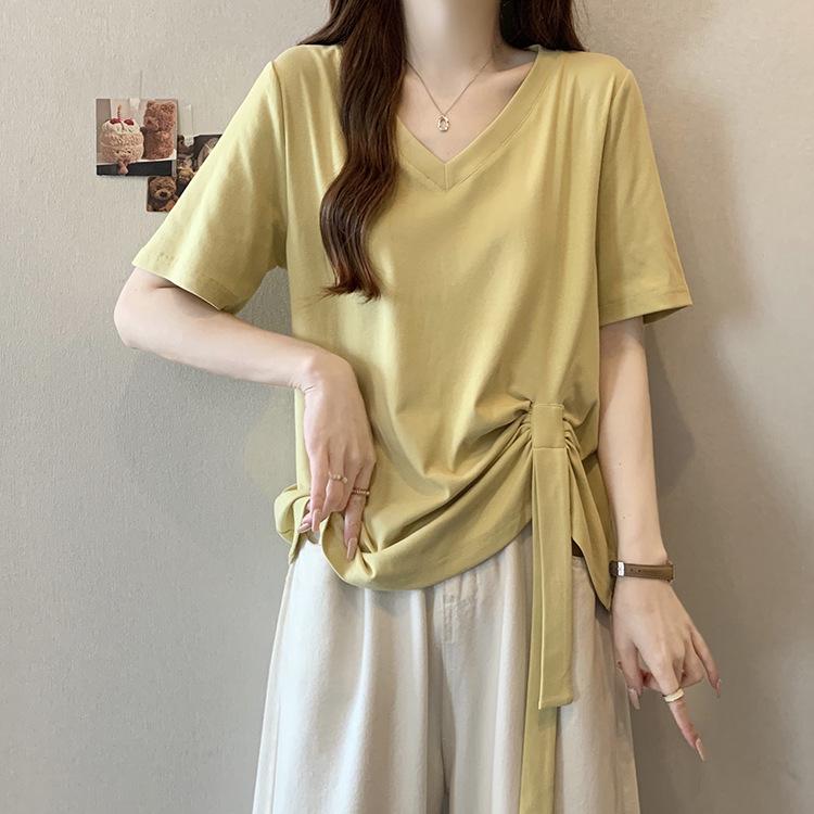 2026 Summer Plus Size Women s Asymmetrical Ribbon Short Sleeve T-shirt L