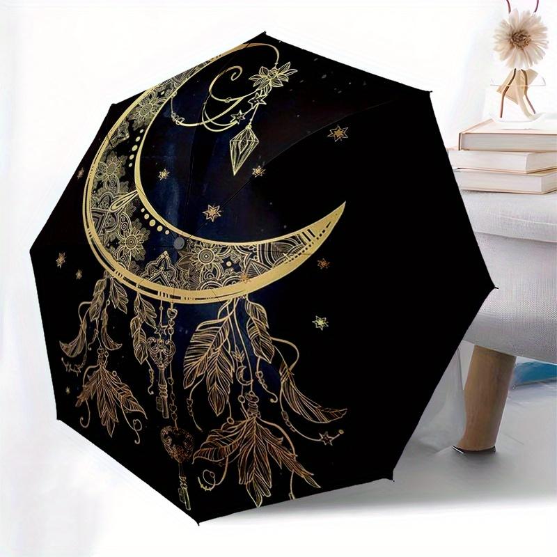 Golden Crescent Moon Dreamcatcher Compact Umbrella - 8-Rib Automatic Open/Close, 3-Fold Portable Design with Celestial Stars &