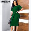 Spring and Summer Large Size Solid Color High Waist Temperament Commuter Ruffle Sleeve Package Hip Long Dresses