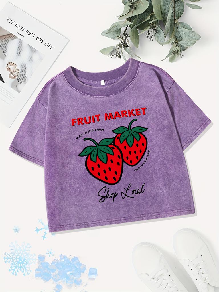 Sexy Cotton Crop Tops Womens Fruit Strawberry Printing Washed T-Shirts Summer O-Neck Regular Fit Streetwear Y2K Womans Clothes