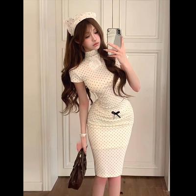 French Elegant Sexy 2 Piece Skirt Set Women Bodycon Dot Short Sleeve Crop Tops + Slim Skirts Korean Fashion Evev Party Summer