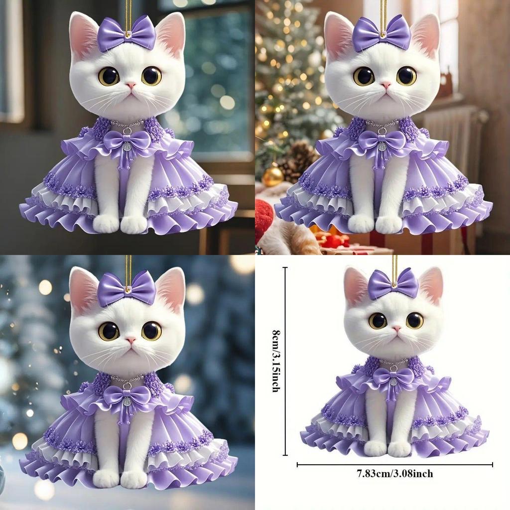Cat Cute Purple Dress Pattern Acrylic Pendant For Car Accessories Decoration