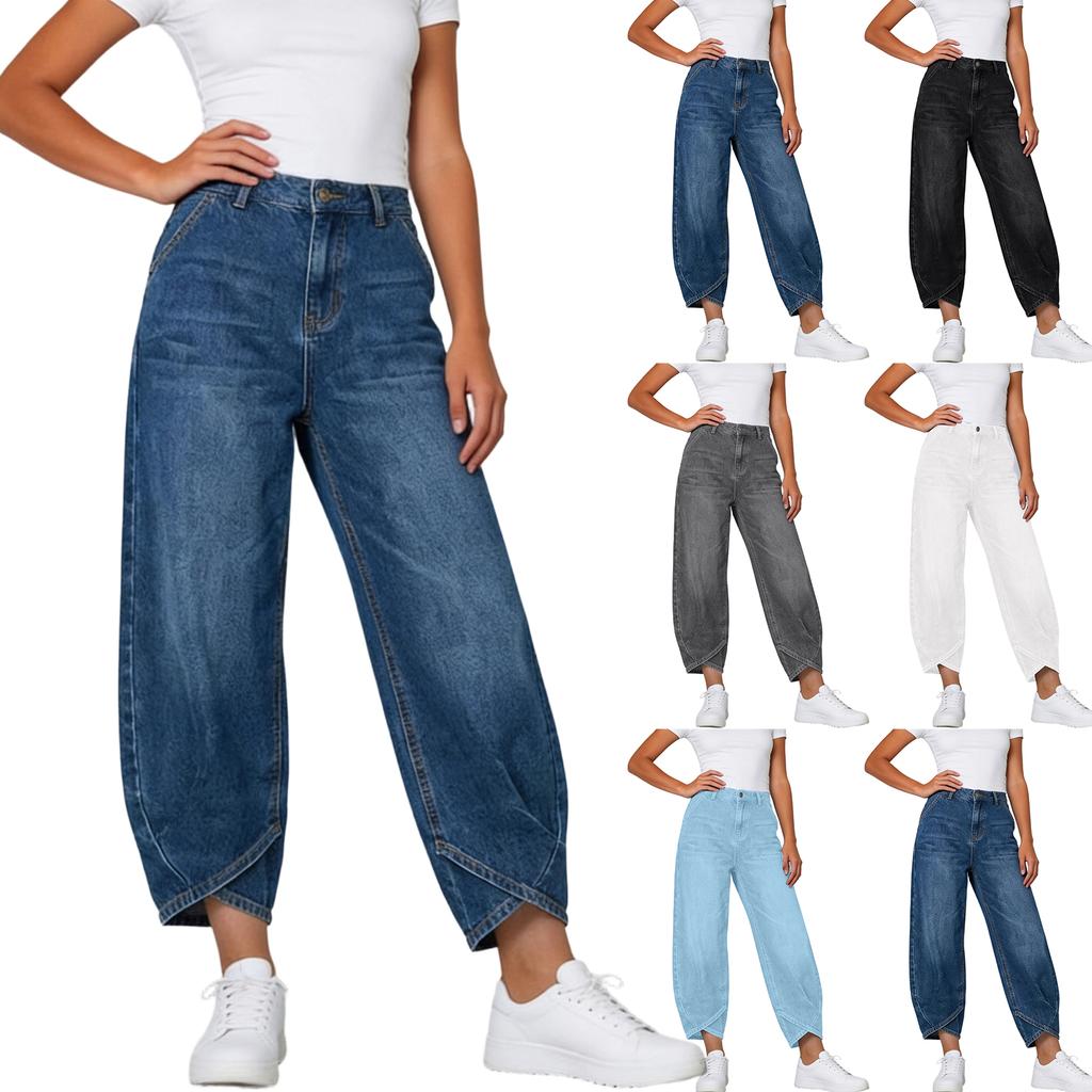 Women’s High Waist Wide Leg Cropped Pants Relaxed Fit Denim Casual Trousers with Hem Design