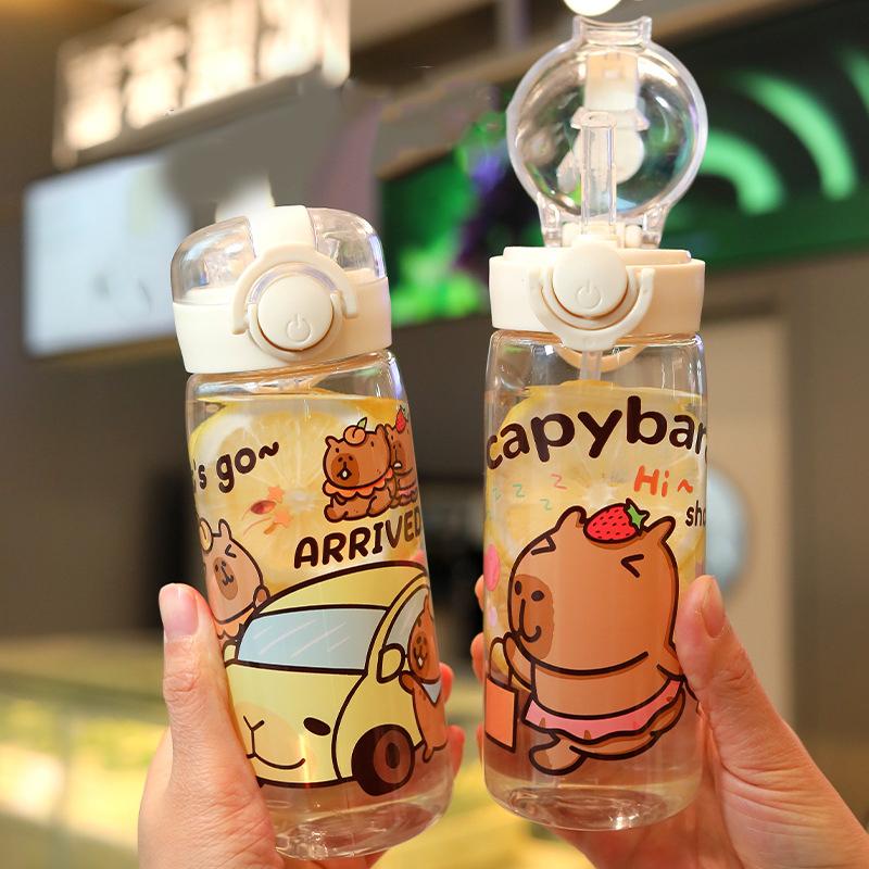 1 Piece Cartoon Capibala Cup With Straws Leakproof Water Bottle 400/750Ml Kids Water Sippy Cup Children'S Plastic Water Cup