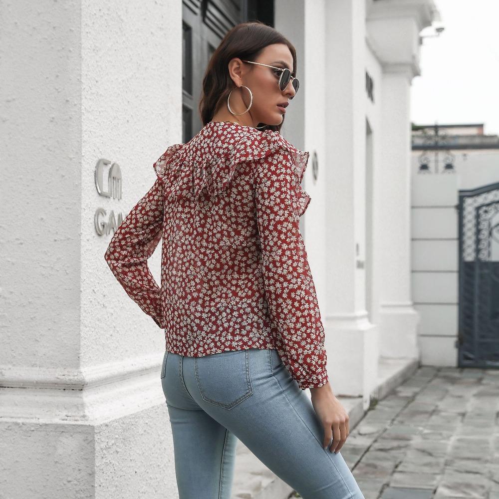 GMXIA Women's Fashion Casual Floral Print Long Sleeve V Neck Blouses & Shirts
