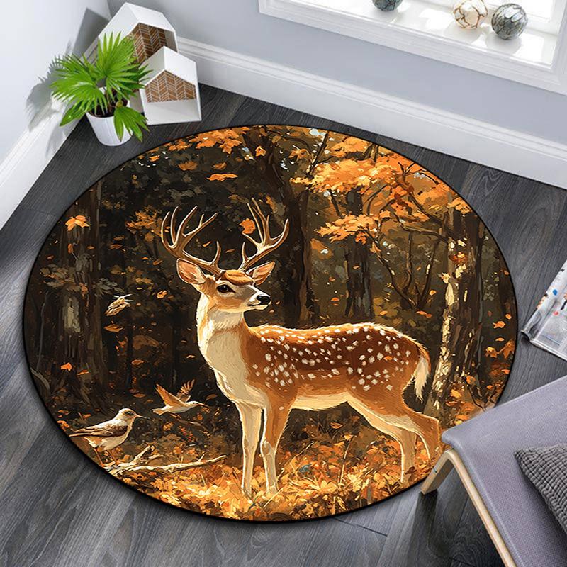 Autumn Forest Deer Round Area Rug,Carpet Rug for Living Room Bedroom Sofa Playroom Decor,Non-slip Floor Mat