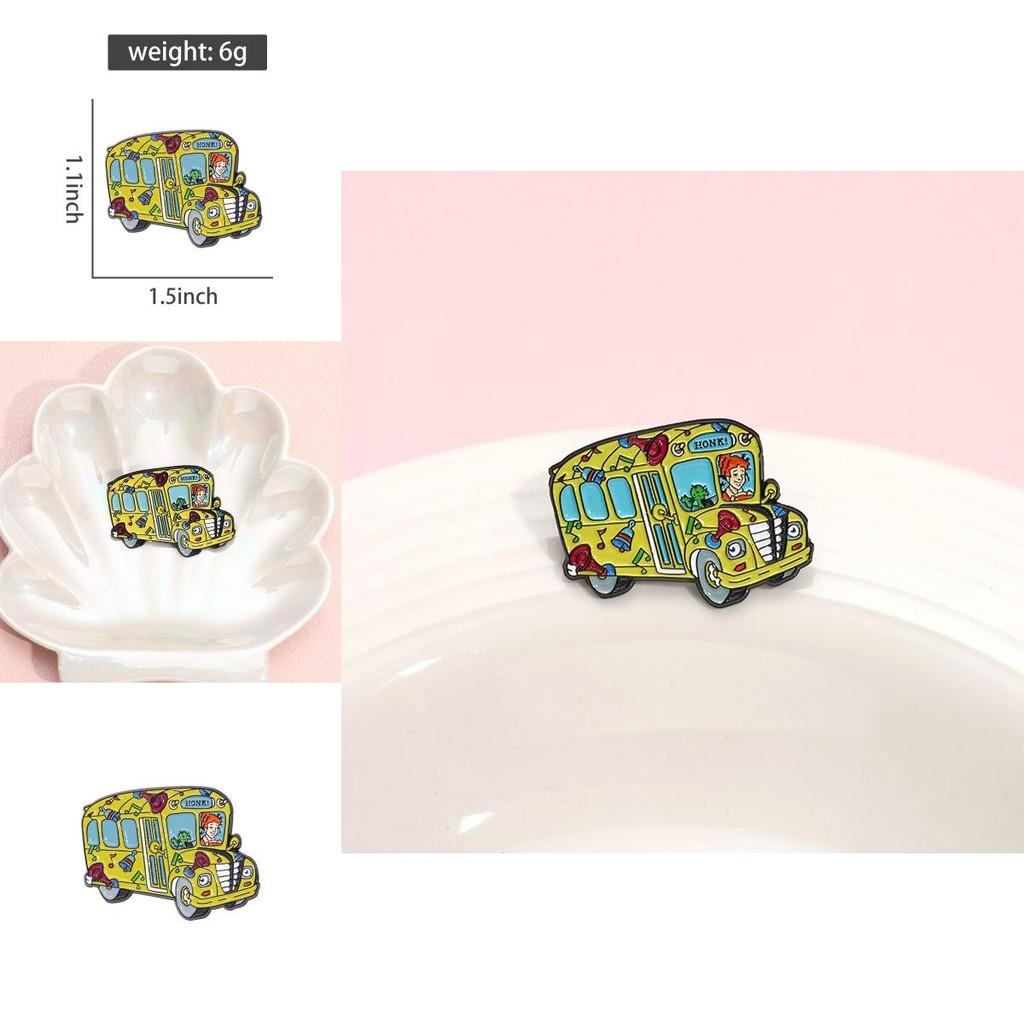 Creative Colorful Bus Shaped Badge Featuring Red Haired Girl Cartoon Design For Unique Personal Styling