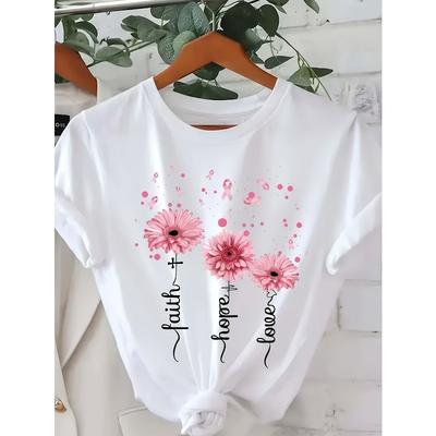 Europese maten Dames Casual T-shirt met Korte Mouwen Inspirerende Print - Geloof Hoop Liefde Geometrisch Ontwerp, Zacht Polyester, Relaxte Pasvorm Ronde Hals