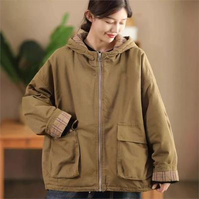 Women Vintage Hooded Winter Coats Solid Color Patchwork Pockets Zipper Casual Coats