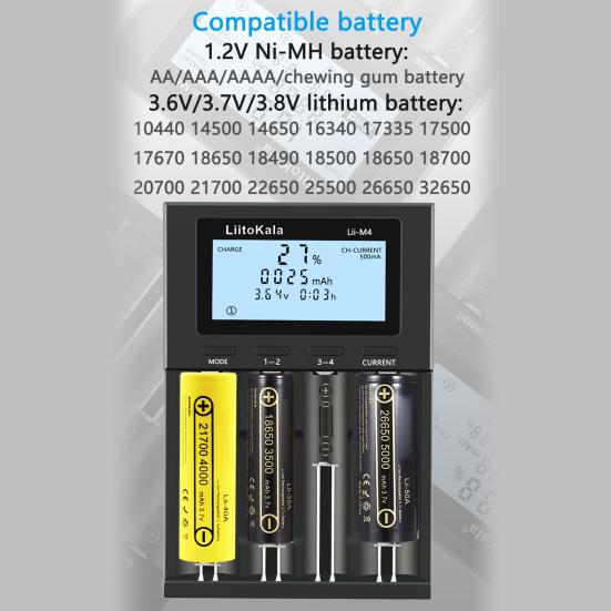 LiitoKala Lii-M4 Battery Charger LCD Display Universal Fast Charging 4 Slots 5V2A USB