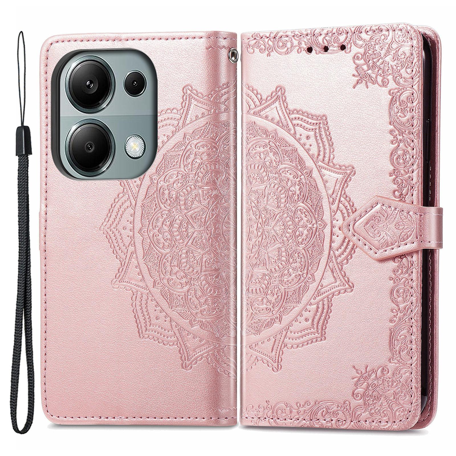 

Чехол для телефона Xiaomi Redmi Note 13 Pro 4G с магнитным тиснением и цветочным узором Mandala, слоты для карточек Rose Gold