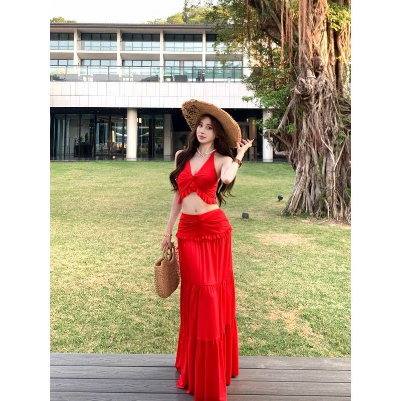 Kumikumi Pure Desire Set Kinky Hanging Neck Cami Women Summer Drape Skirt Big Swing Skirt Two-piece Set