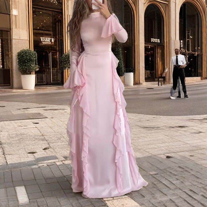 Frühling Europäische und Amerikanische Damenbekleidung Rundhals Trompetenärmel Temperament Hohe Taille Spleißband Kleid