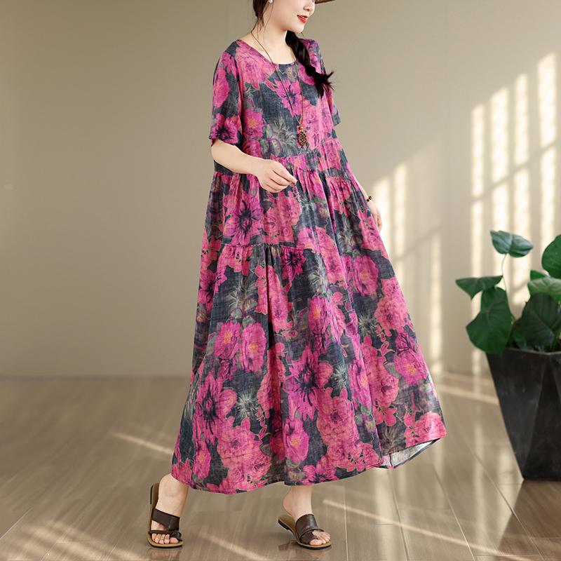 DIMANAF New 2026 Sundress Women Plus Size Summer Casual Print Long Dress Oversize Cotton Loose Maxi Floral Beach Holiday
