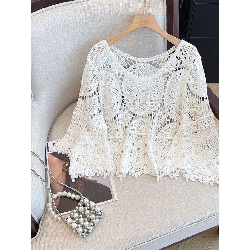 Korean Style Plus size women clothing Chubby Girl Spring/Summer Crochet Hollow Bell Sleeve Knit Casual Shirts Sun Protection Clothing M-4XL