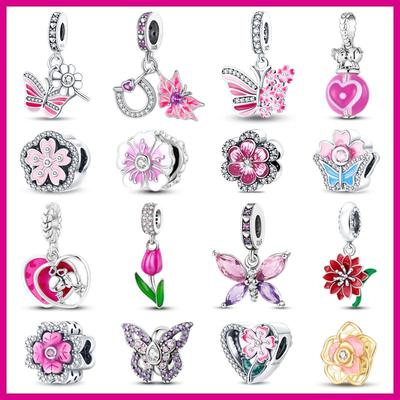 100 %925 Sterling Silver Pink Color Charms Beads Butterfly Rose Pansy Flower Pendant Fit Bracelet Necklace Jewelry Women