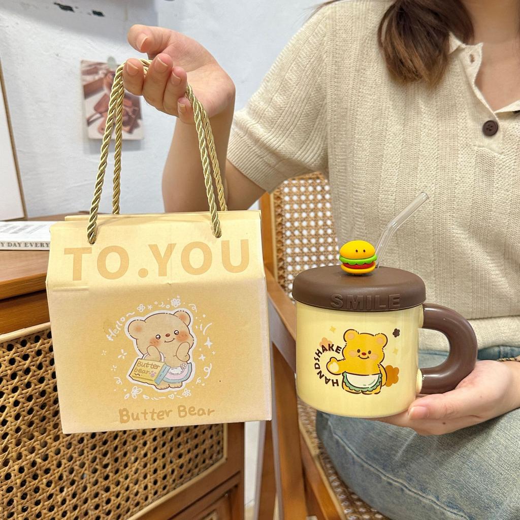 Cute Butter Bear Straw Cup High Value Ceramic Mug with Lid Cute Drinking Water Cup Birthday Gift Practical