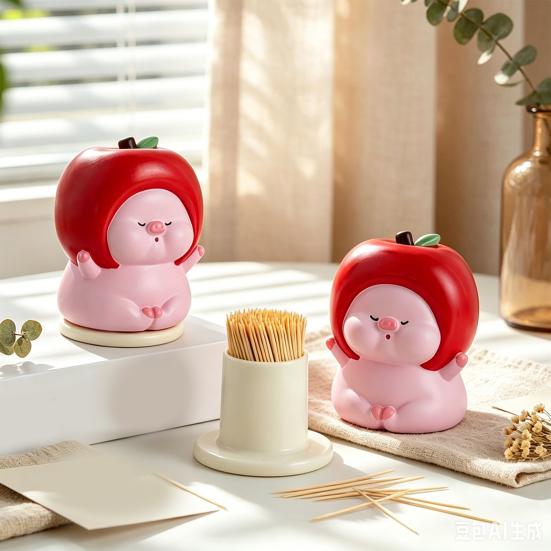 Red Fruit Pig Toothpick Box Cartoon Animal Shape Toothpick Holder Dispenser Dust-proof Kitchen Toothpick Organizer Container