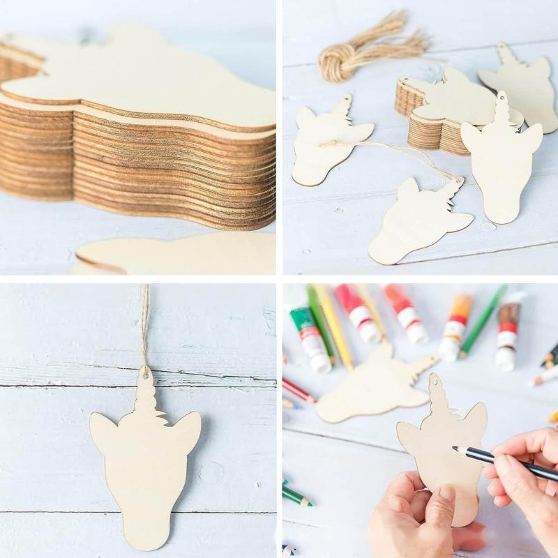 Unfinished Wooden Ornaments Unicorns DIY Blank Christmas Tree Hanging Wood Slices