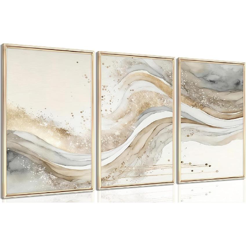3Pcs Gold Abstract Marble Canvas Wall Art Modern Grey and Gold Fluid Painting Picture Wall Decor neutral Marble Poster Print Artwork for Bedroom