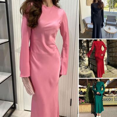 2024 Women Spring Fall Dress Long Sleeve Solid Color Round Neck Soft Tight Waist Sheath OL Commute Style Slim Fit Ankle Length Maxi Dress