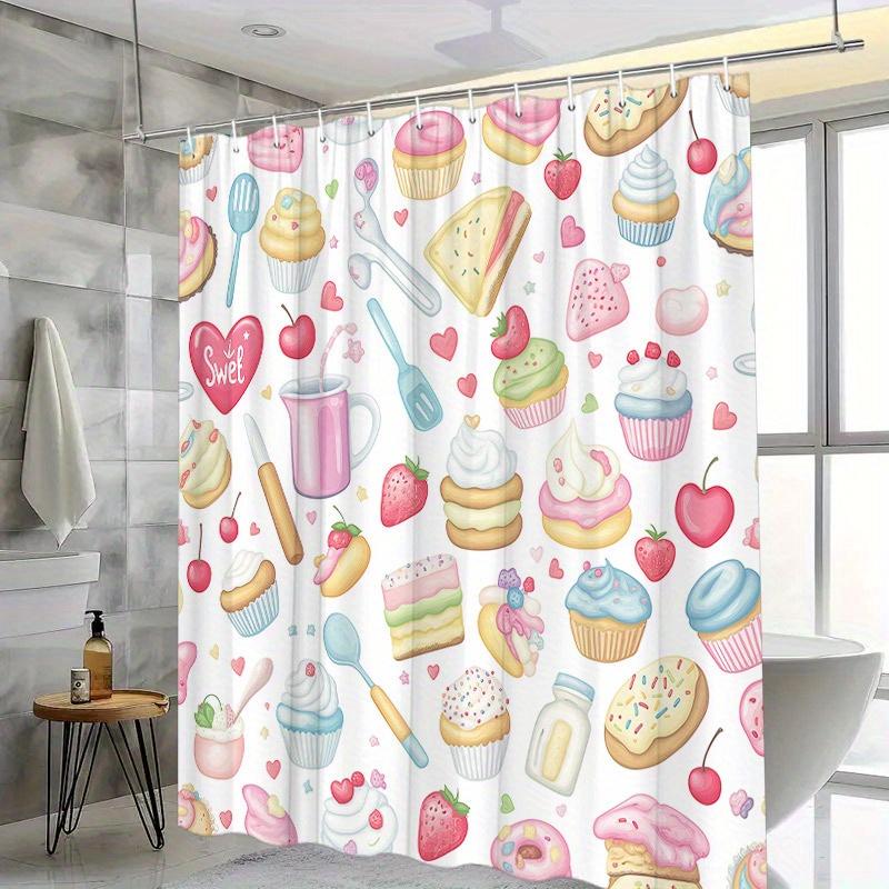 Pastel Dessert Shower Curtain - Playful Cupcakes, Donuts, Cookies & Fruits with Heart Symbols, Polyester,12 Hooks,Bathroom Decor