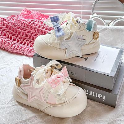 2025 New Little Girls' White Skate Shoes - Thick Soled Casual Sports Sneakers for Middle and Big Kids