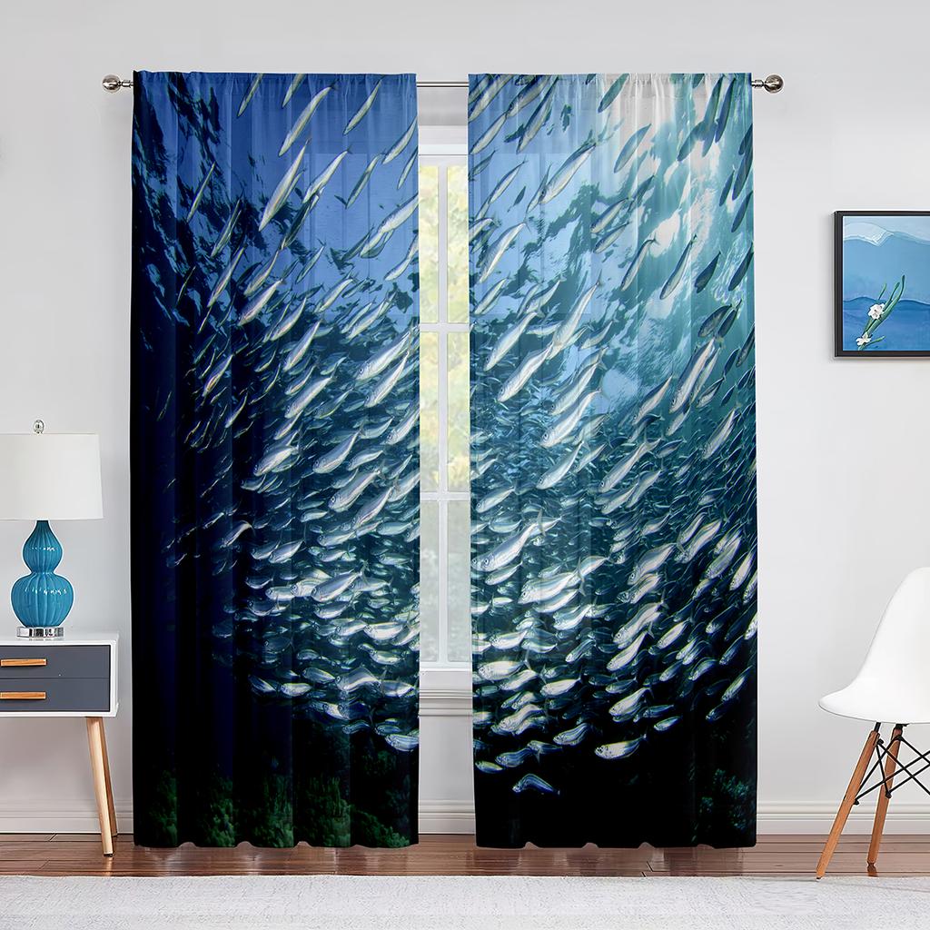 Ocean Underwater World Tulle Voile Curtains Tropical Fishes Shark Coral In The Deep Sea Sheer Curtain for Living Room Bedroom