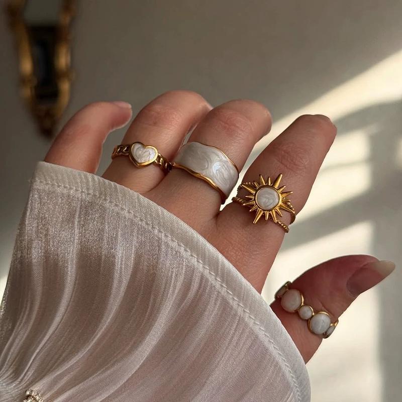 Stainless Steel French White Enamel Rings for Women Drip Glaze Romantic Elegent Girl Ring Daily Wear Sweet Y2K Jewelry No Fading