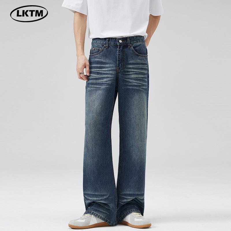 LKTM Unisex American Retro Dark Blue Micro-Flare Jeans, Whiskered Washed Long Pants