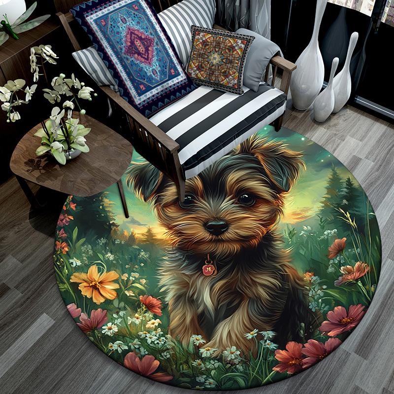 Yorkshire Terrier Round Area Rug,Carpet Rug for Living Room Bedroom Sofa Playroom Decor,Non-slip Floor Mat