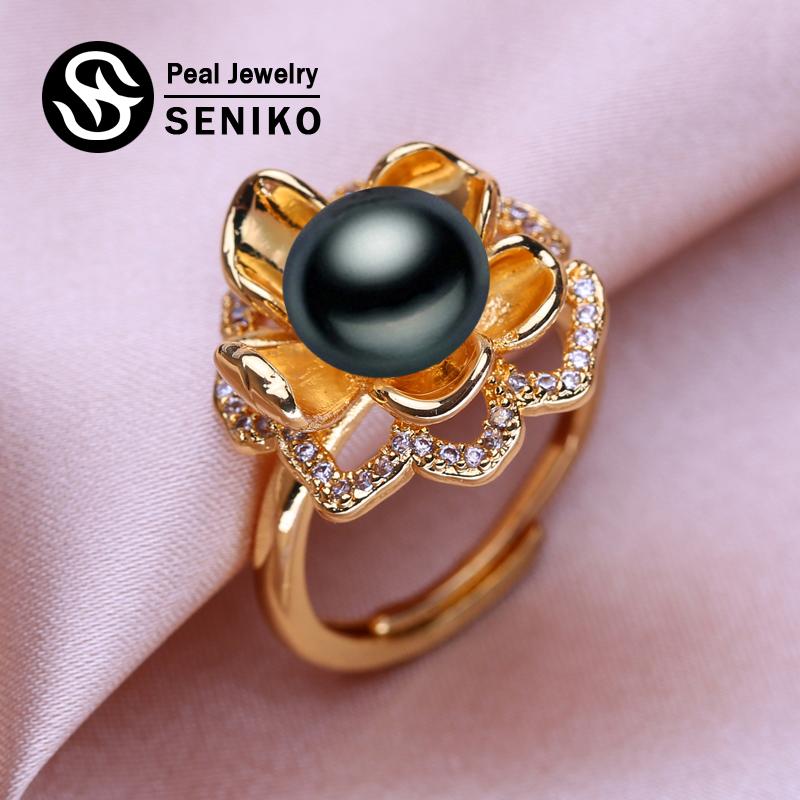 

Кольца SENIKO с натуральным пресноводным жемчугом для женщин, модное женское кольцо с кубическим цирконием и CZ в виде цветка, ювелирные изделия с жемчугом, регулируемое кольцо